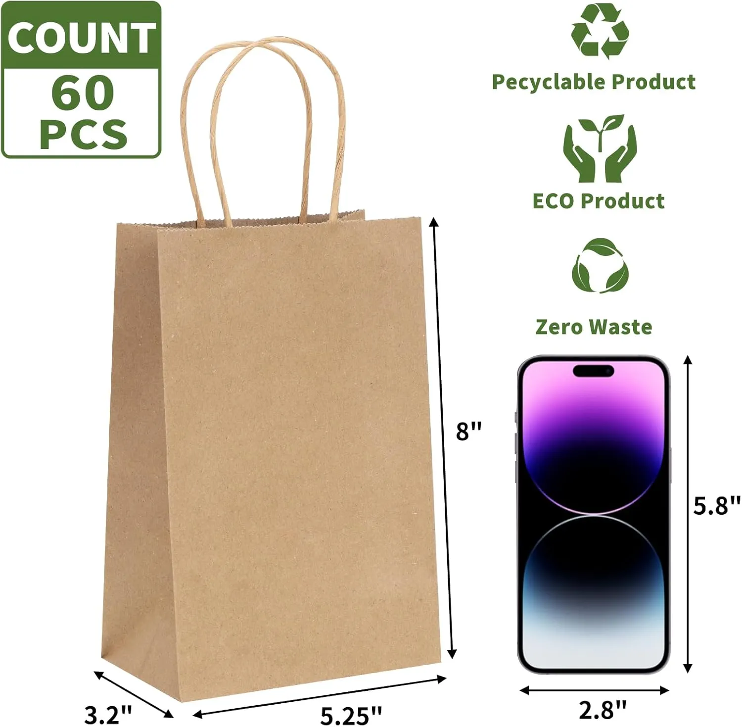 Moretoes 60pcs Paper Bags, 5.25x3.2x8 Inches Gift Bags, Kraft Small Brown Paper Bags with Handles Bulk, Retail Bags for Small Business, Shopping, Merchandise, Birthday Wedding Party Favor Bags