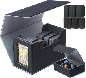 MTG Commander Deck Box with Display Window & Dice Tray, Trading Card Storage Box Holds 200 Double-Sleeved Cards, Fits 3” x 4” Toploaders & 35pt Magnetic Card Holders (Black&Gray)