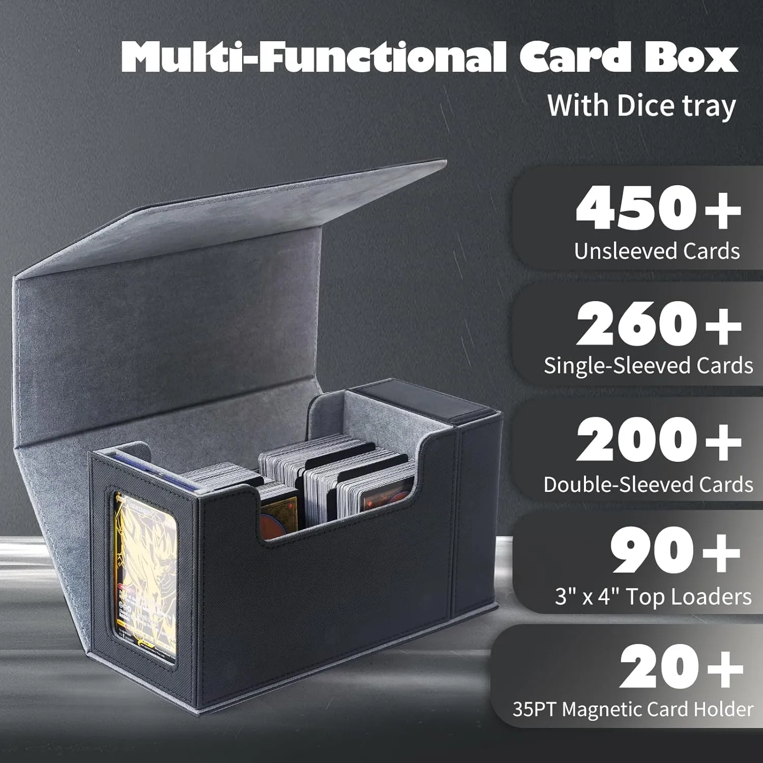 MTG Commander Deck Box with Display Window & Dice Tray, Trading Card Storage Box Holds 200 Double-Sleeved Cards, Fits 3” x 4” Toploaders & 35pt Magnetic Card Holders (Black&Gray)