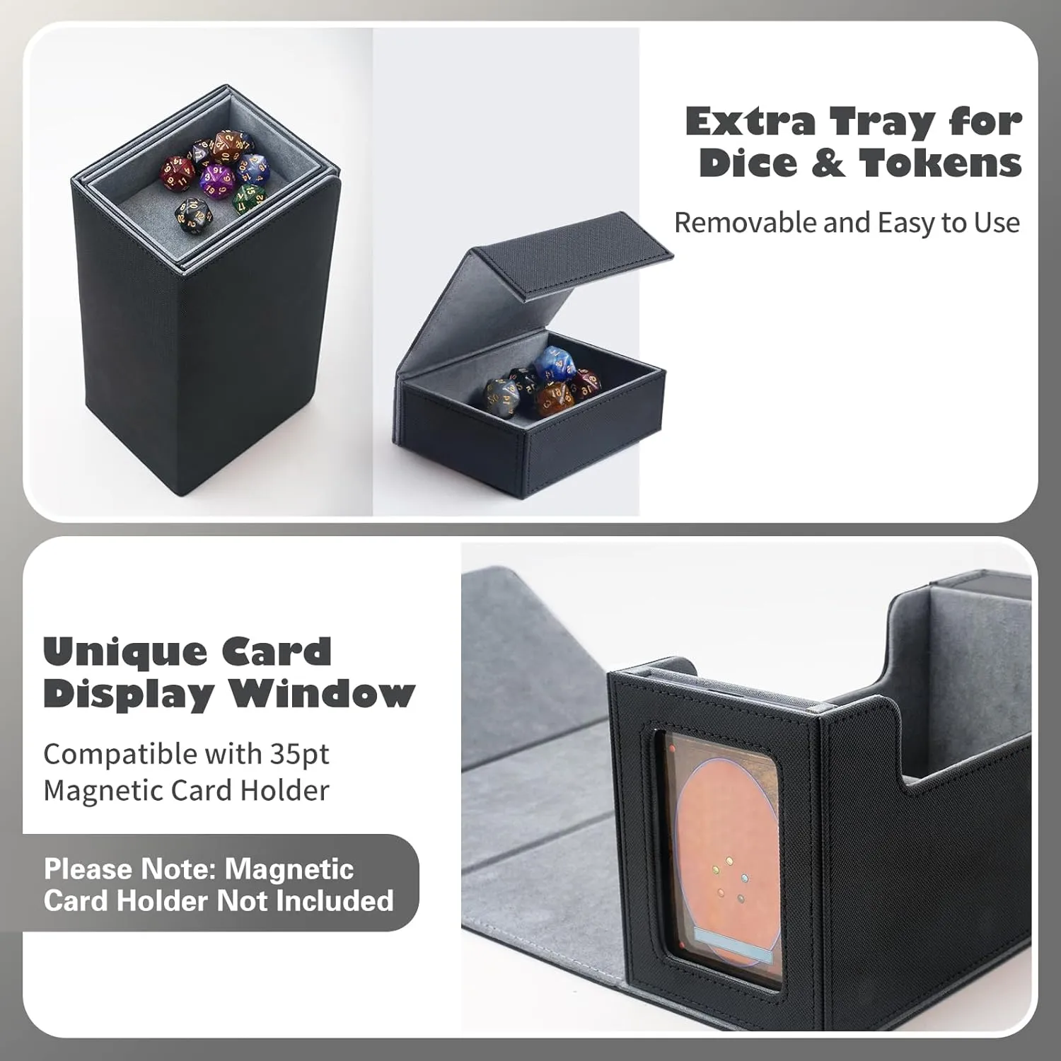 MTG Commander Deck Box with Display Window & Dice Tray, Trading Card Storage Box Holds 200 Double-Sleeved Cards, Fits 3” x 4” Toploaders & 35pt Magnetic Card Holders (Black&Gray)
