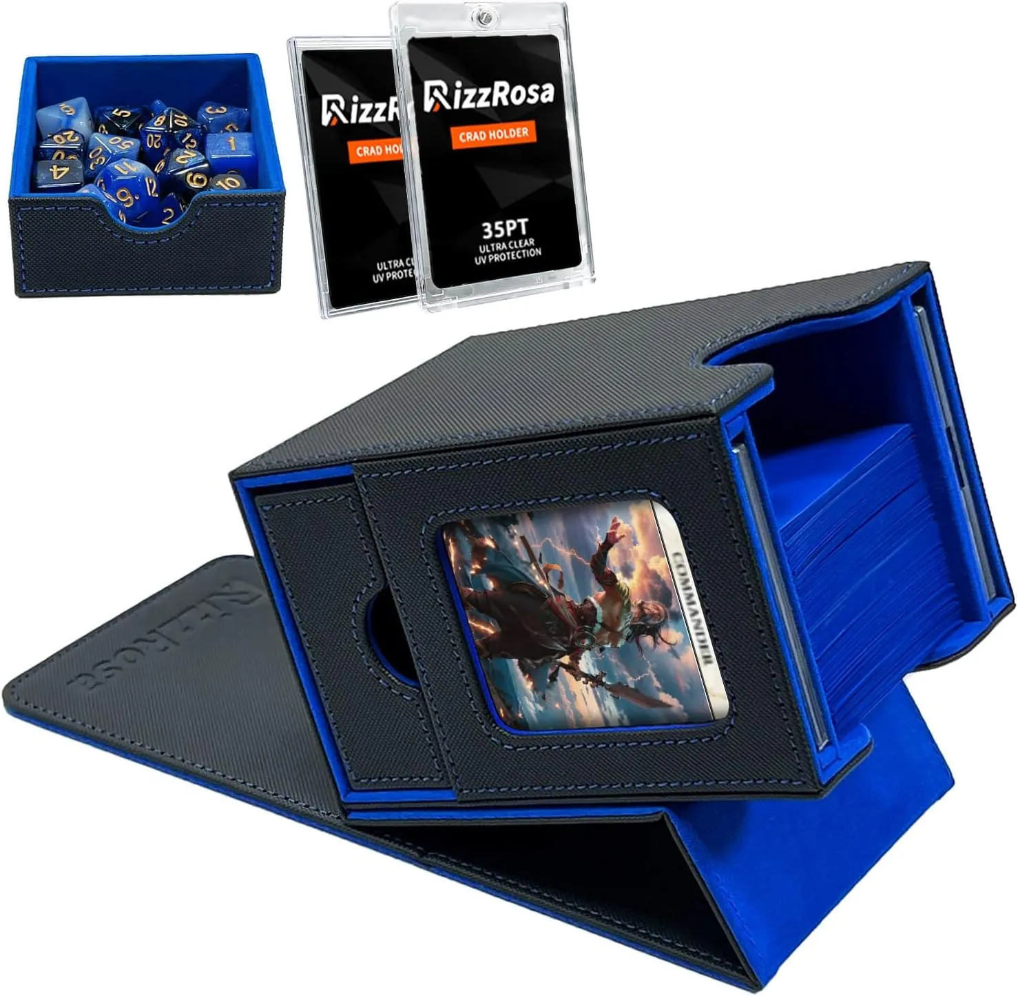 MTG Deck Box with Commander Display, Fits 100 Double Sleeved Cards, Magic Commander Storage Box with Dice Tray, 2 Card Holders for TCG CCG, Blue