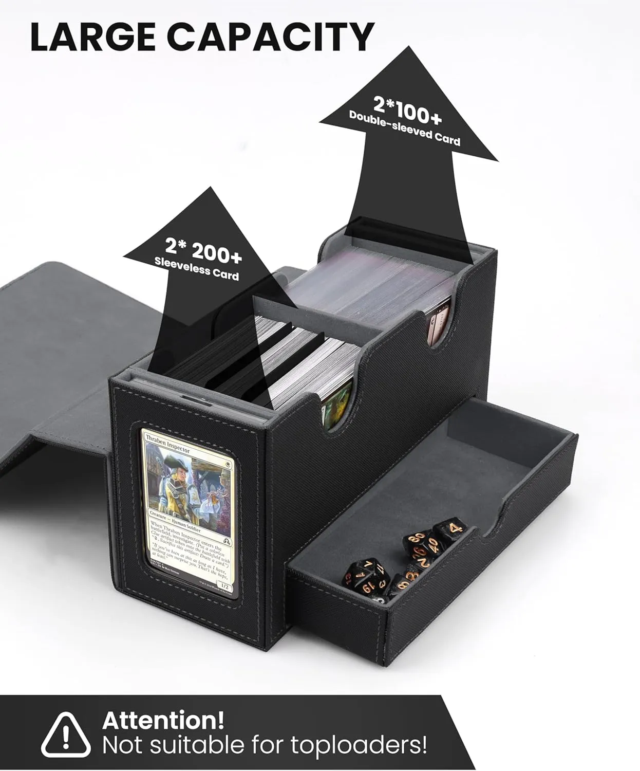 MTG Deck Box with Double Commander Display and Dice Tray, Fits 200  Double Sleeved Cards, Card Storage Box Plus 2 Magnetic Holders& 100Pcs Card Sleeves (Black)