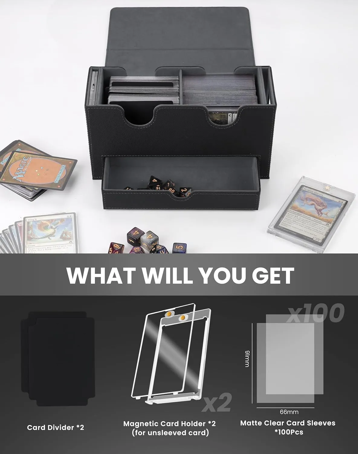 MTG Deck Box with Double Commander Display and Dice Tray, Fits 200  Double Sleeved Cards, Card Storage Box Plus 2 Magnetic Holders& 100Pcs Card Sleeves (Black)