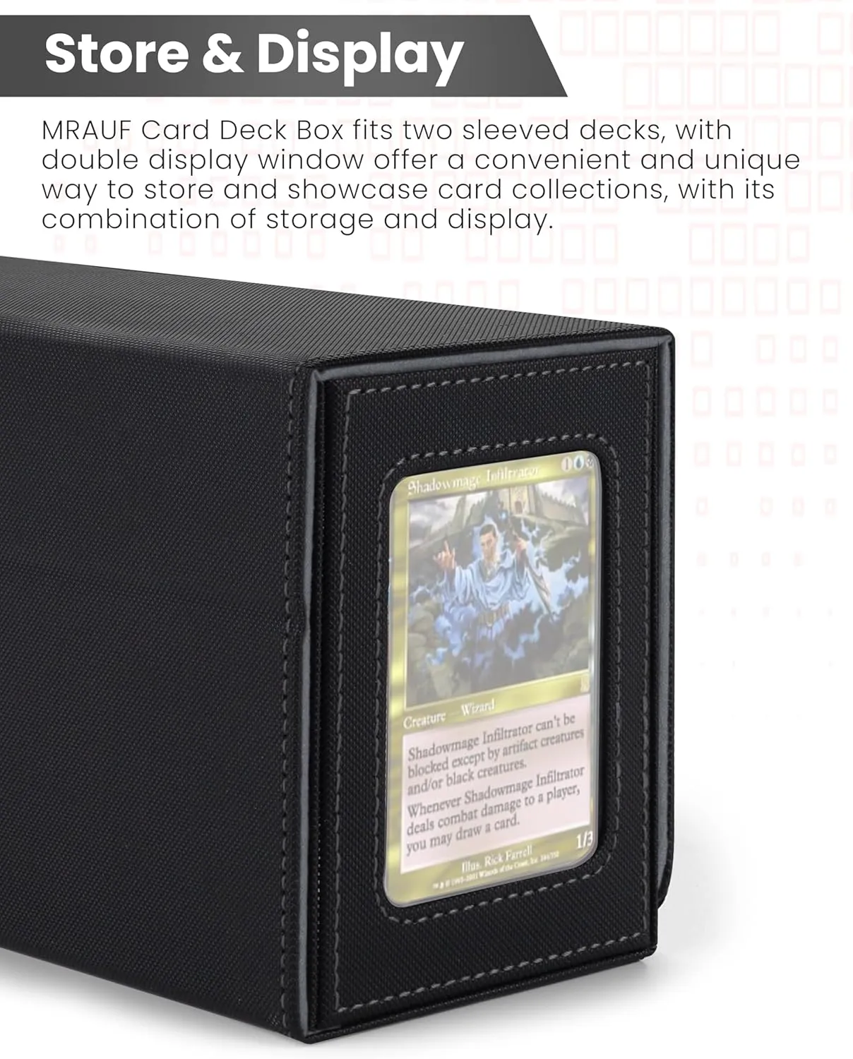 MTG Deck Box with Double Commander Display and Dice Tray, Fits 200  Double Sleeved Cards, Card Storage Box Plus 2 Magnetic Holders& 100Pcs Card Sleeves (Black)