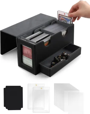 MTG Deck Box with Double Commander Display and Dice Tray, Fits 200  Double Sleeved Cards, Card Storage Box Plus 2 Magnetic Holders& 100Pcs Card Sleeves (Black)