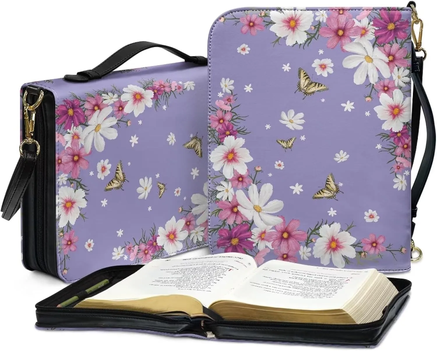 Mumeson Daisy Butterfly Bible Bag Strap Style Leather Bible Tote Bag Christian Bible Covers for Women Portable Bible Carrying Case with Handle Large Bible Protector