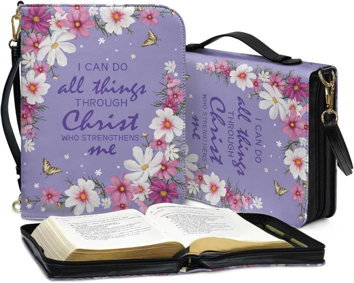 Mumeson Daisy Butterfly Bible Bag Strap Style Leather Bible Tote Bag Christian Bible Covers for Women Portable Bible Carrying Case with Handle Large Bible Protector