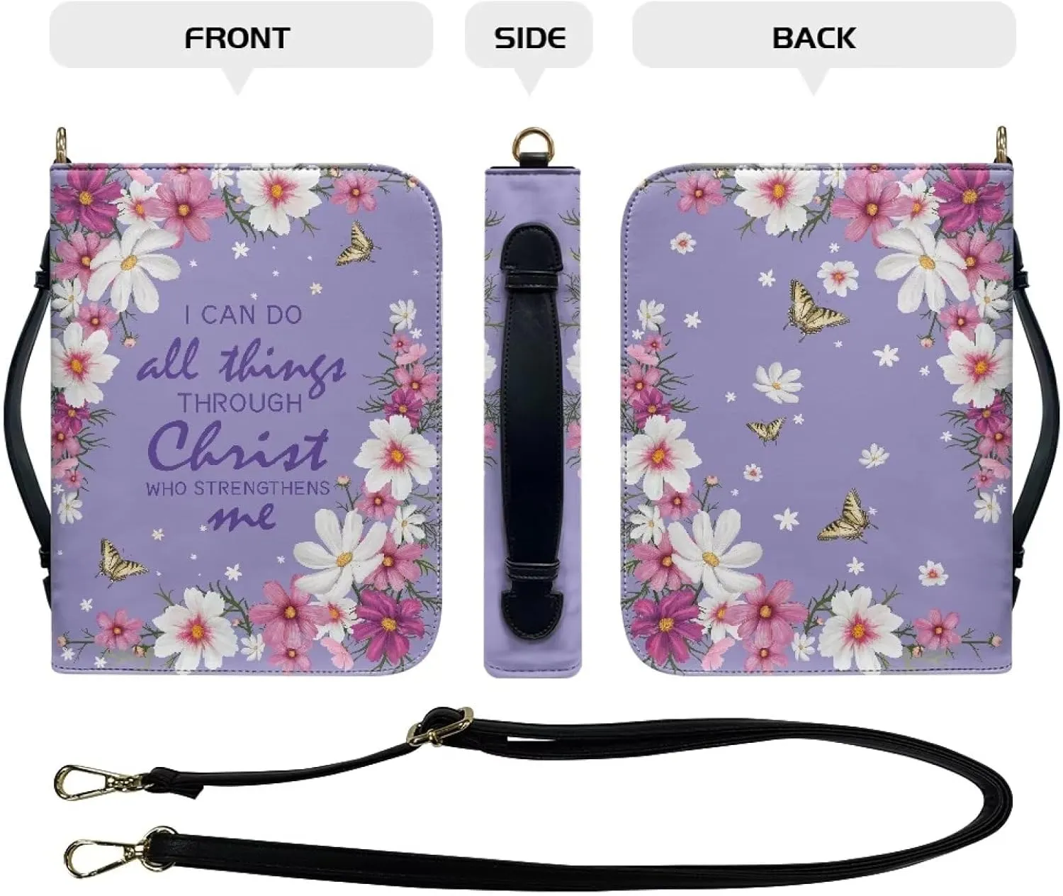 Mumeson Daisy Butterfly Bible Bag Strap Style Leather Bible Tote Bag Christian Bible Covers for Women Portable Bible Carrying Case with Handle Large Bible Protector