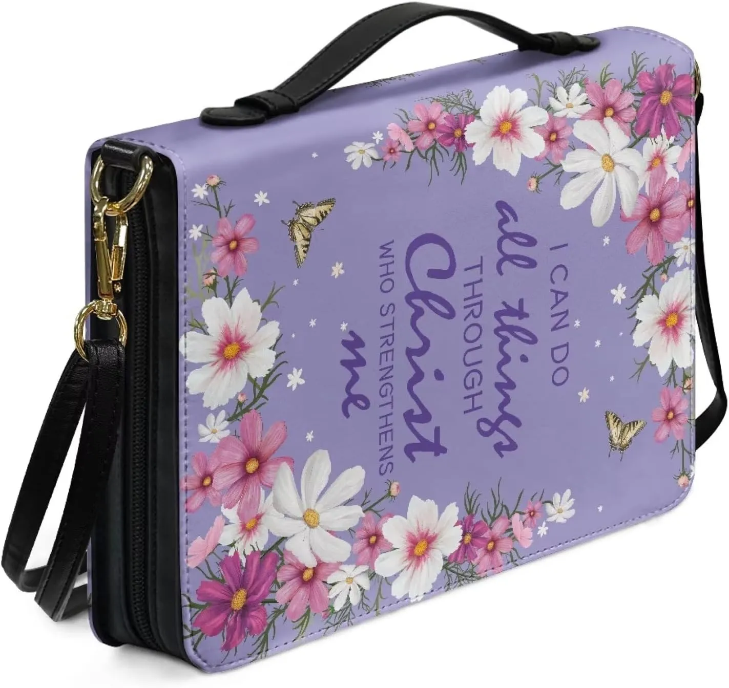 Mumeson Daisy Butterfly Bible Bag Strap Style Leather Bible Tote Bag Christian Bible Covers for Women Portable Bible Carrying Case with Handle Large Bible Protector