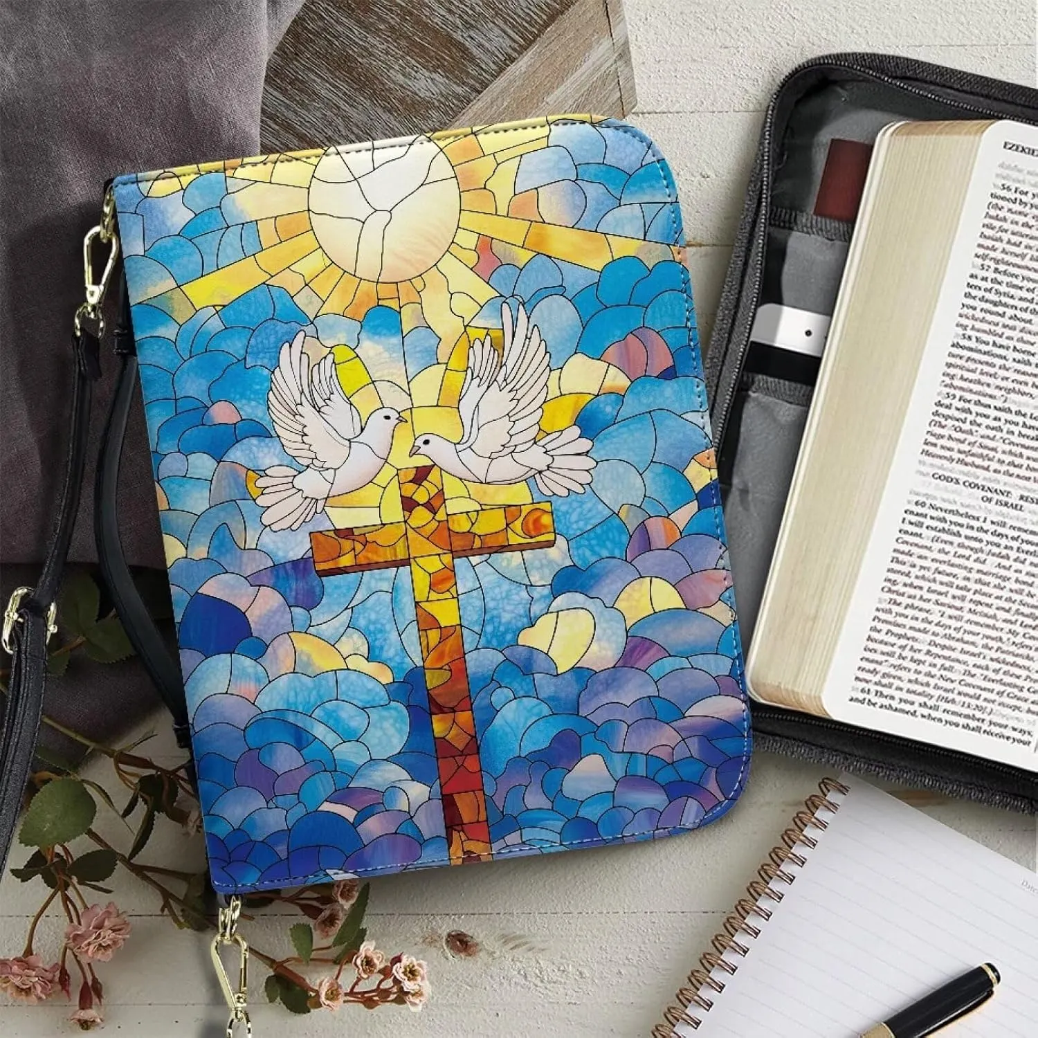 Mumeson Dove Of Peace Cross Large Bible Covers for Women PU Leather Strap Bible Carrying Case with Handle Bible Protector Holder Portable Bible Organizer Bag