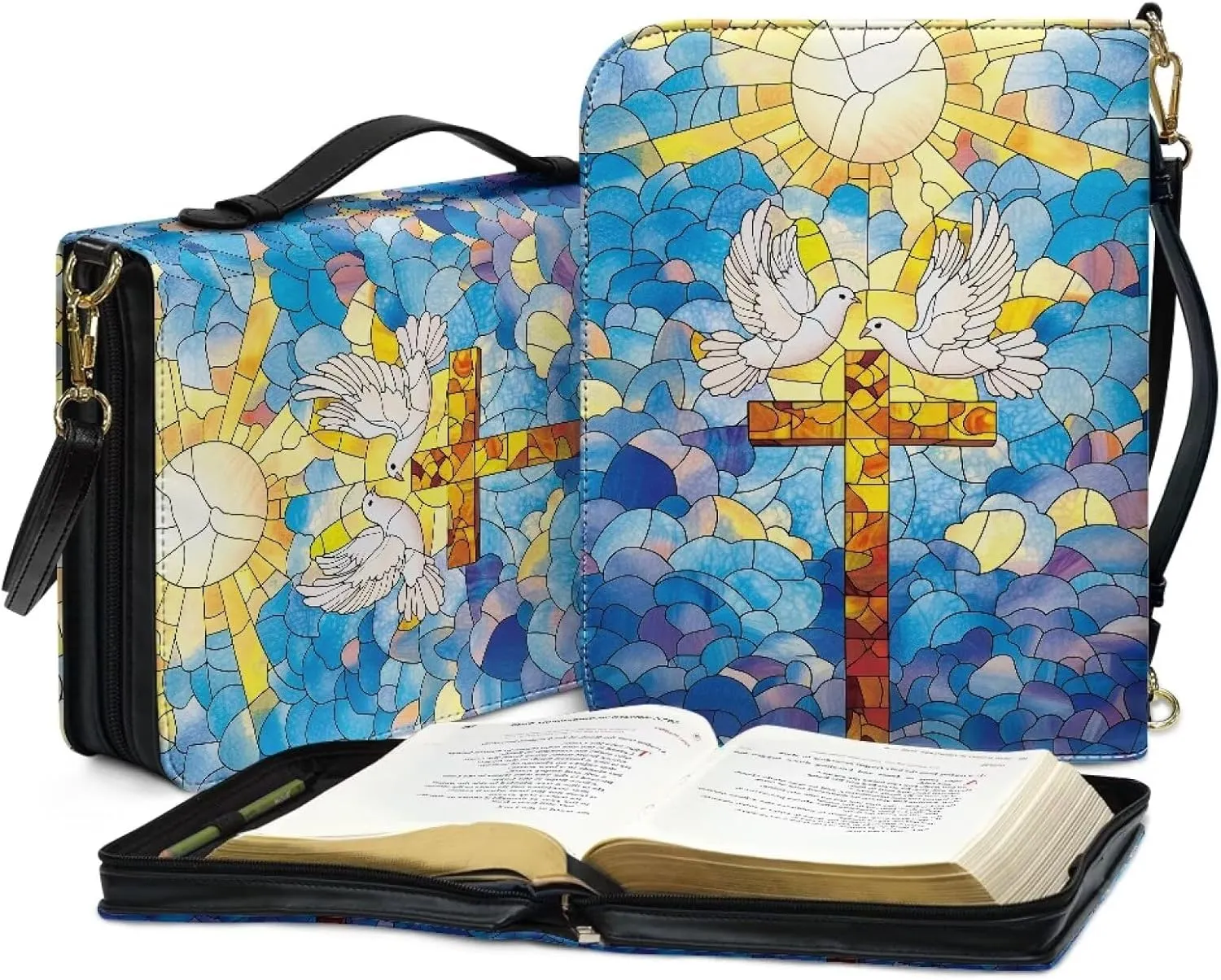 Mumeson Dove Of Peace Cross Large Bible Covers for Women PU Leather Strap Bible Carrying Case with Handle Bible Protector Holder Portable Bible Organizer Bag