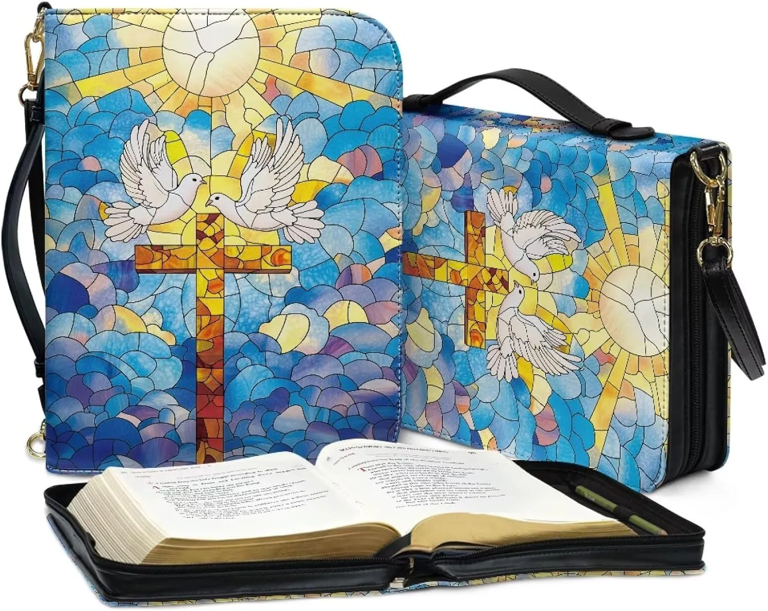 Mumeson Dove Of Peace Cross Large Bible Covers for Women PU Leather Strap Bible Carrying Case with Handle Bible Protector Holder Portable Bible Organizer Bag