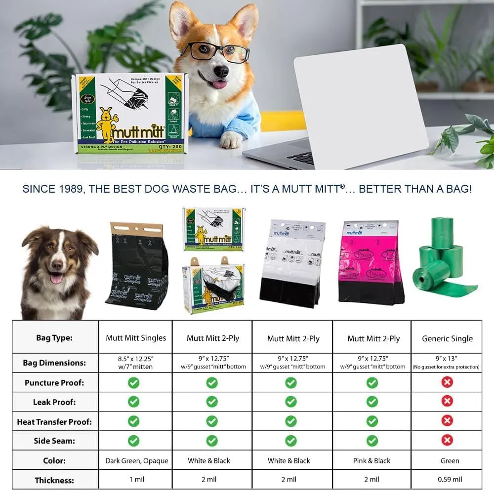 Mutt Mitt® Singles Dog Waste Header Bags - New Listing, Same 2,000 Bags perfect for 3 Dog Waste Stations - Single-Ply, thick bag with a bottom gusset, for safer, easier pick-up