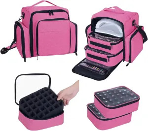 Nail Polish Organizer Case Holds 60 Bottles Portable Travel Storage Box with 2 Detachable Bags, Designed for Women's Nail Tools, Essential Oils and Cosmetics Sets Rose Red