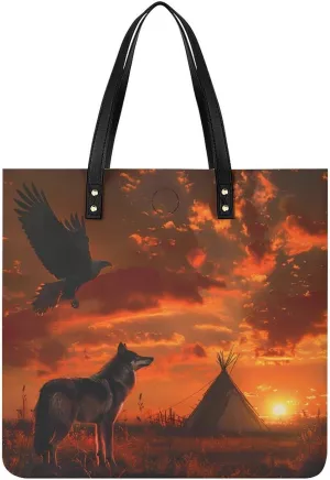 Native American Tribes Sunset Eagle Wolf Tote Bag for Women PU Leather Purses Handbags Shoulder Bag for Top Handle