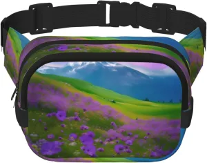 Nature Purple Flowers Meadow Mountain Scenic Zipper Fanny Pack, Crossbody Bags With Adjustable Strap For Jogging, Cycling