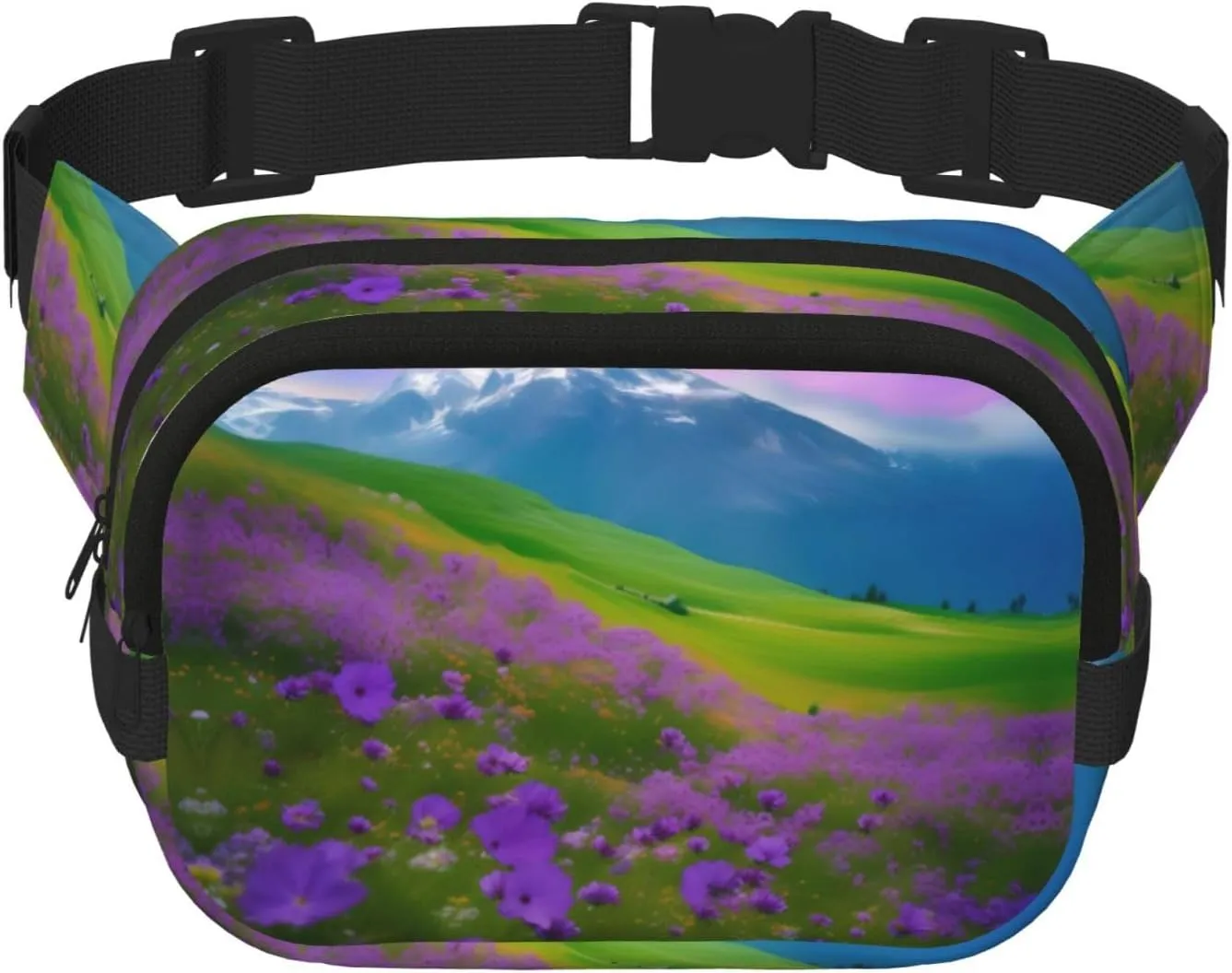 Nature Purple Flowers Meadow Mountain Scenic Zipper Fanny Pack, Crossbody Bags With Adjustable Strap For Jogging, Cycling