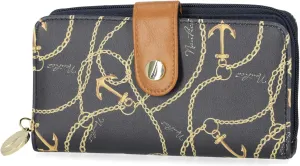 Nautica Be Shore Zip Around Wallet for Women RFID Vegan Leather Clutch, Bifold Organizer with Phone Holder, Card Slots, Anchor Aweigh