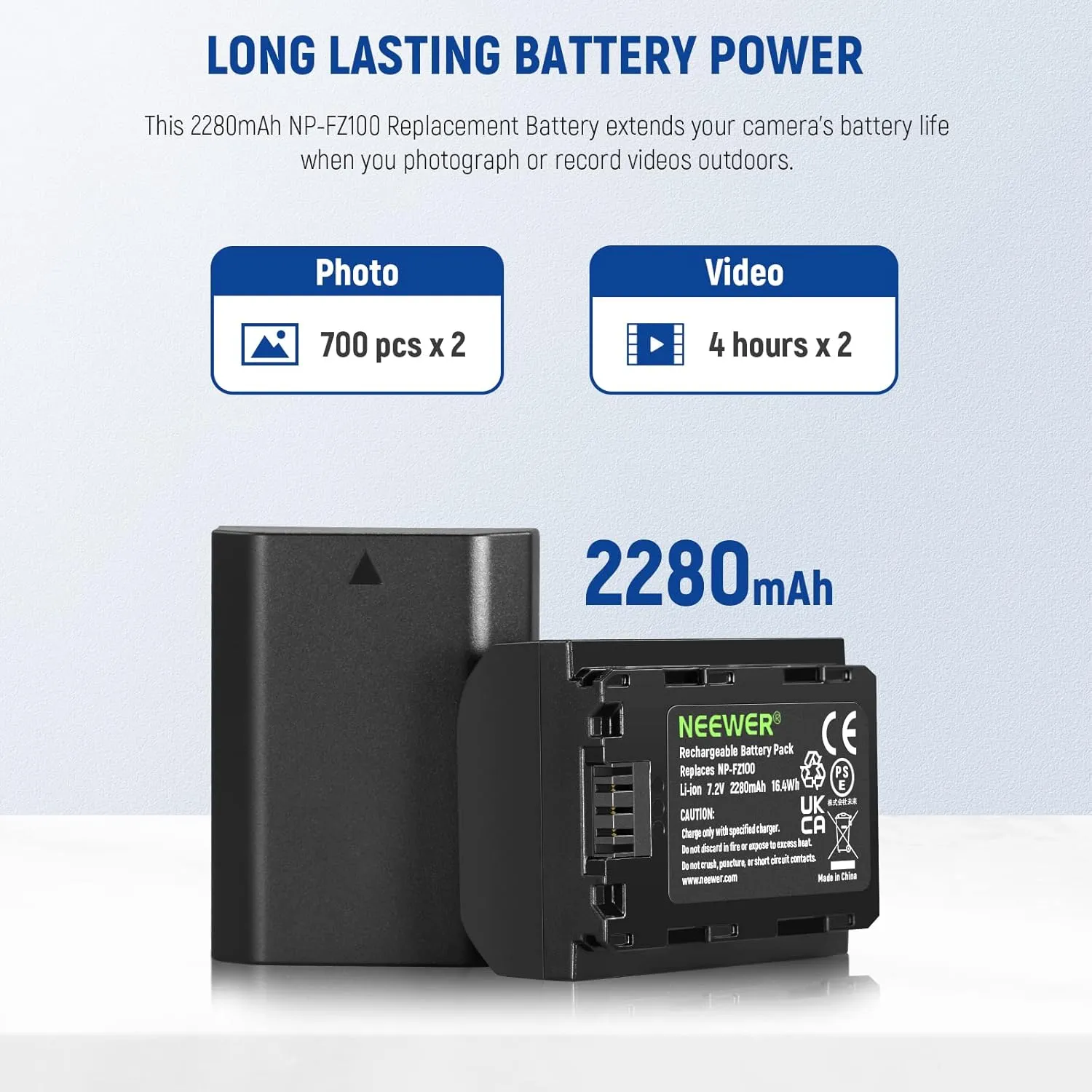 NEEWER 2280mAh NP-FZ100 Replacement Battery 2 Pack with USB Dual Channel Charger Kit, Compatible with Sony ZV-E10II A9III A7CII ZV-E1 A7III A7IV FX3 FX30 A6700 A1 A7C A7CR A7RIV A7RV A7SIII A9II