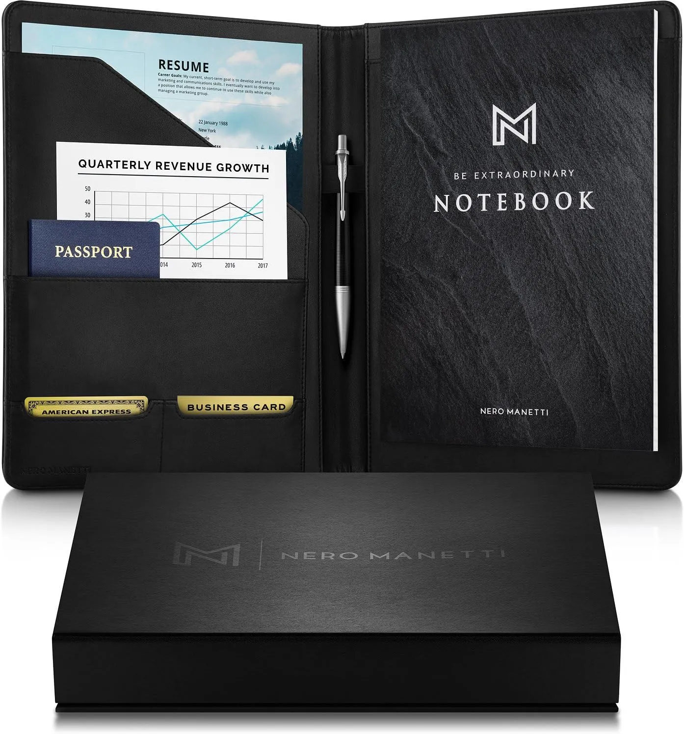 NERO MANETTI- Leather Portfolio Folder - Business PU Leather Portfolio Notepad Holder for Resumes, Legal Pad Portfolio Executive Binder, Professional Padfolio Notebook for Women/Men (Black)