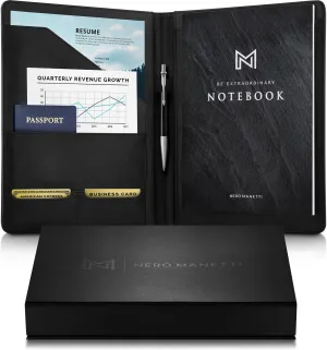 NERO MANETTI- Leather Portfolio Folder - Business PU Leather Portfolio Notepad Holder for Resumes, Legal Pad Portfolio Executive Binder, Professional Padfolio Notebook for Women/Men (Black)