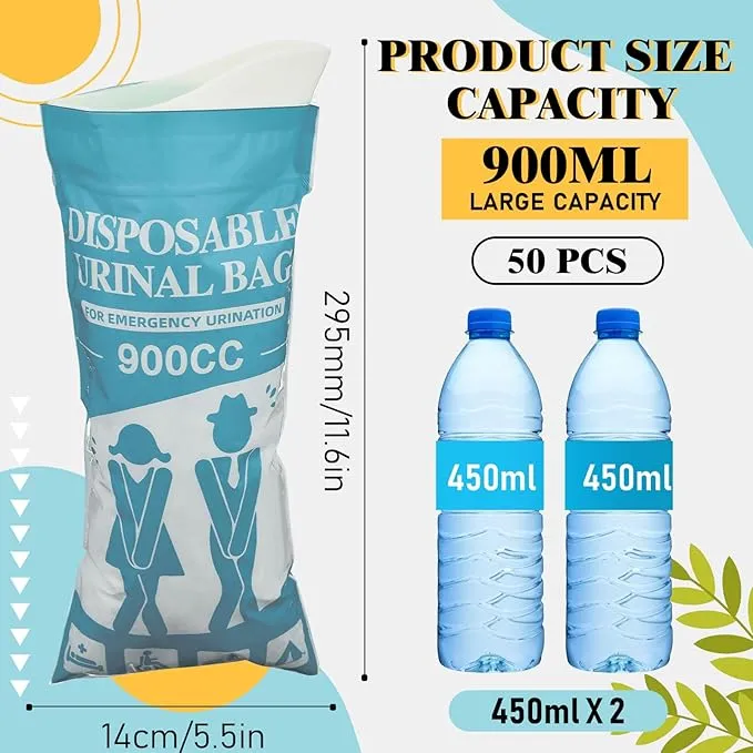 Nuogo 50 Pcs Disposable Urinal Bag Portable Camping Pee Bags Unisex Female Urinal Vomit Bags for Travel, Camping, Hiking for Women Men Kids Patient
