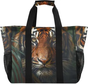 ODAWA Reusable Durable Large Handbag for Mens - Portable Beach Bag Tote with Pockets, Jungle Tiger