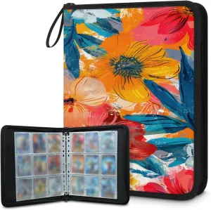 Oil Painting Flowers 3 Ring Trading Zipper Binder Strap, Trading Card Binder 4 Pocket, 400 Pockets Card Holder with 50 Removable Sleeves for Game Cards