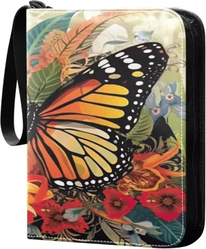 Orange Butterfly Card Binder 4 Pocket Collectible Trading Card Albums with 50 Sleeves Double Side PU Waterproof 3 Ring for Sports & Game Cards