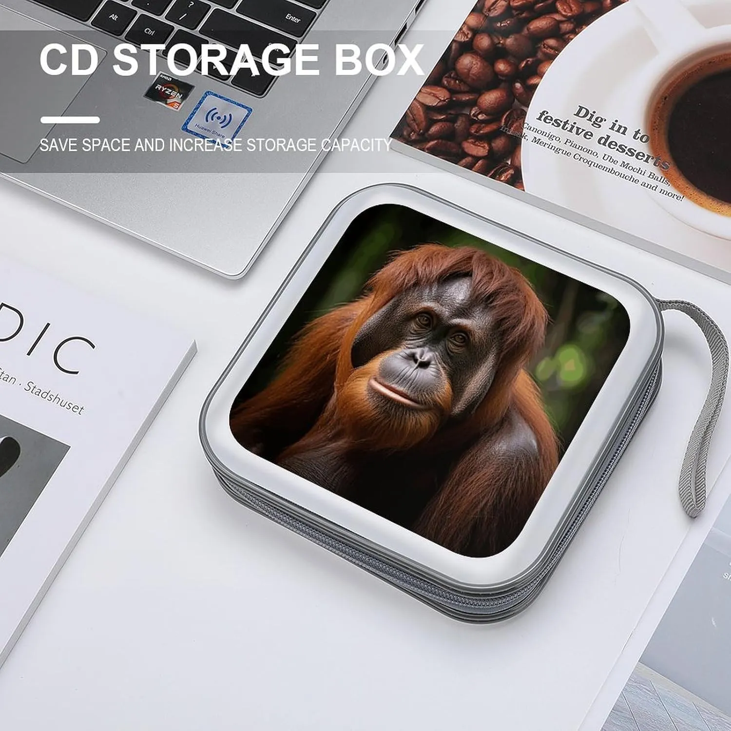 Orangutan Taking Photo Portable CD Case Holder,DVD Wallet Holder 40 Capacity CD Cases Storage DVD Book Binder for Car Home Travel