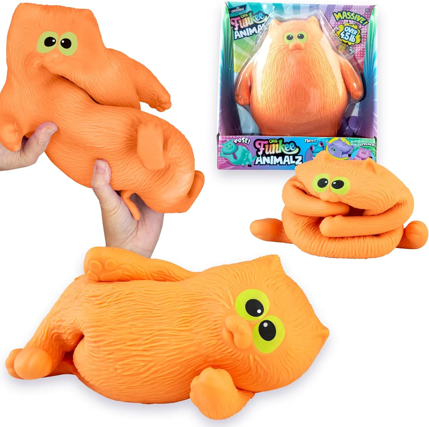 ORB Funkee Animalz Cat JUMBO (Orange) - BIG 4.5 lb Stretchy Cat - Funny, Squishy, Even Squeeze for Stress Relief - Novelty Sensory and Fidget Popular Collectible Funkee Animal Toys for Kids and Adults