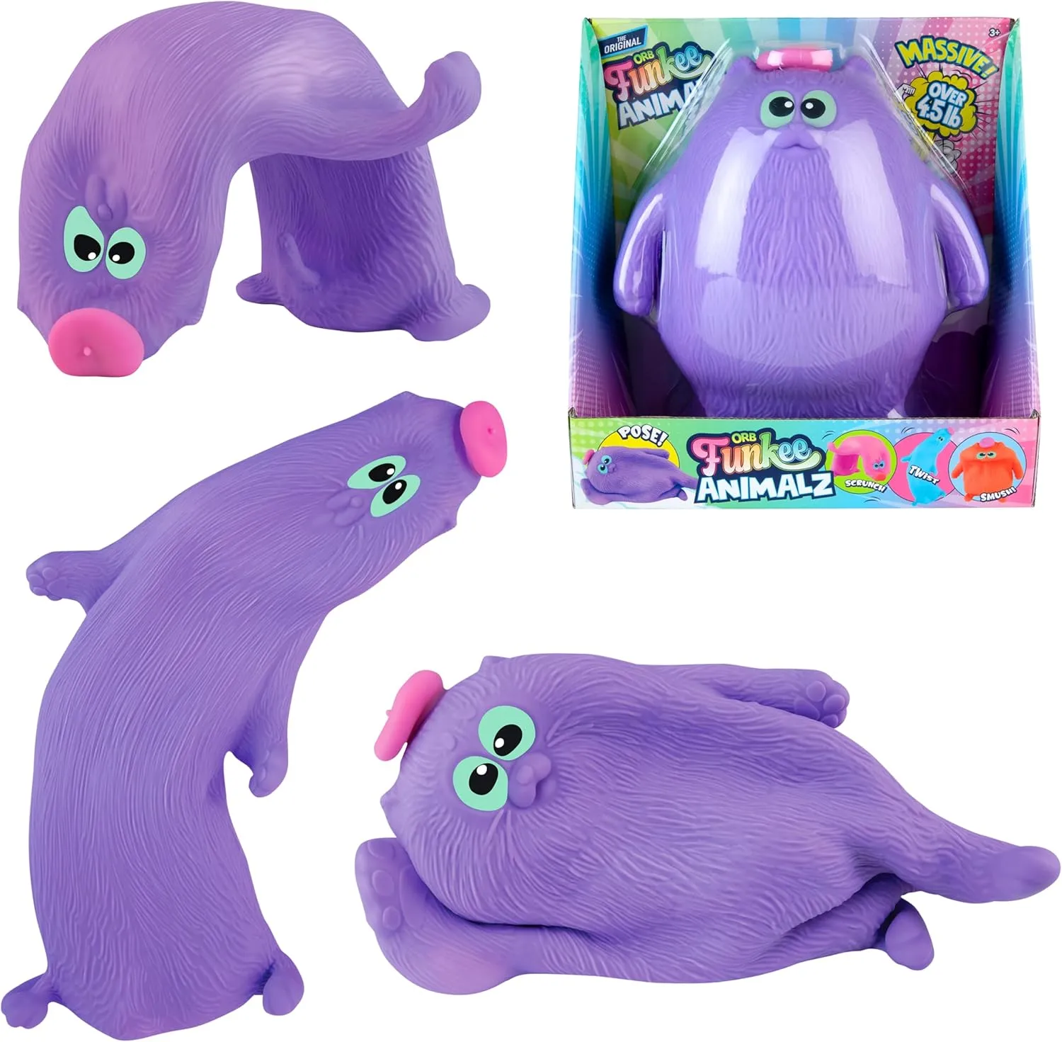 ORB Funkee Animalz Jumbo Cat with Hat (Purple) - Big 4.5 lb Stretchy Cat - Funny, Squishy, Squeeze for Stress Relief - Novelty Sensory and Fidget Collectible Funkee Animals Toys for Kids and Adults