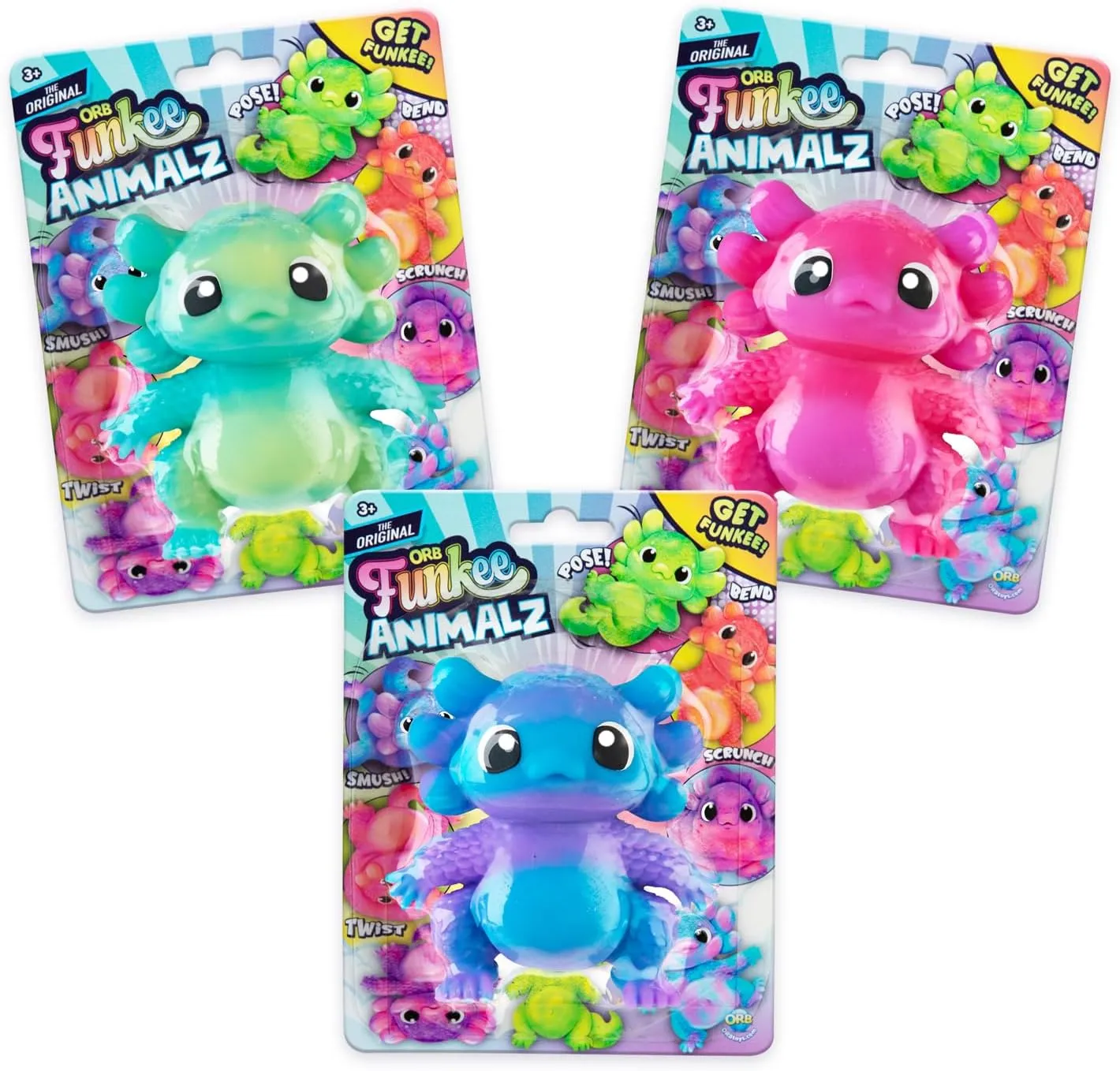 ORB Funkee Animalz MEGA Axolotl 3 Pack - Adorable, Funny, Stretchy, and Squishy Axolotls, Perfect to Squeeze for Stress Relief - Original Sensory / Fidget Collectible Toy Animals for Kids and Adults