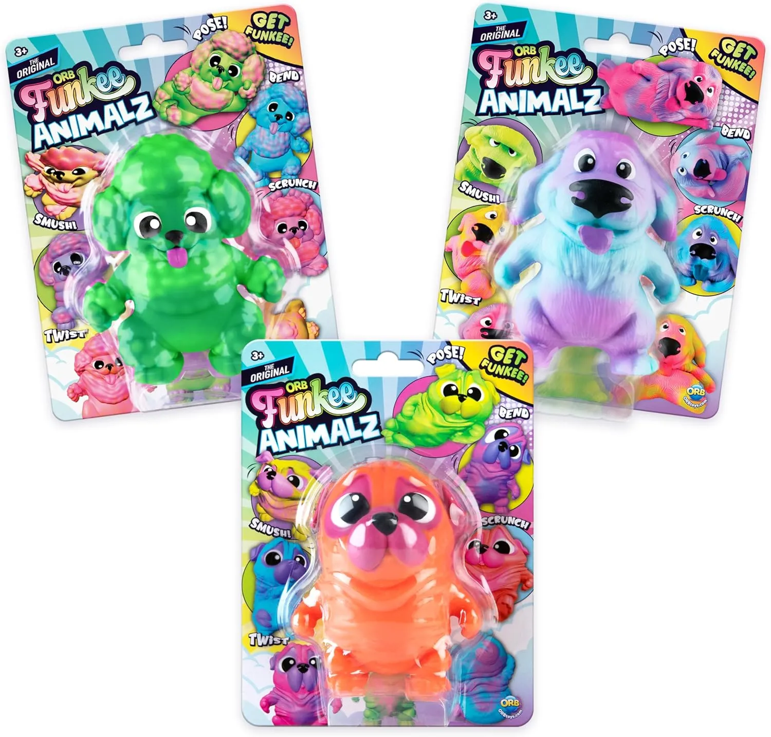 ORB Funkee Animalz MEGA Puppies 3 Pack (Set 2) - Adorable, Funny, Stretchy, Squishy Puppies, Perfect to Squeeze for Stress Relief - Original Sensory / Fidget Collectible Toy Dogs for Kids and Adults