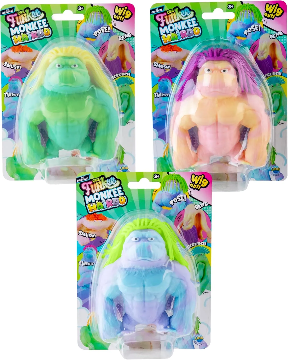 ORB MEGA Long Hairdo Funkee Monkee 3 Pack - Funny, Stretchy, Squishy Monkeys with Long Hair - Perfect to Squeeze for Stress Relief - Original Sensory/Fidget Collectible Toys for Kids and Adults