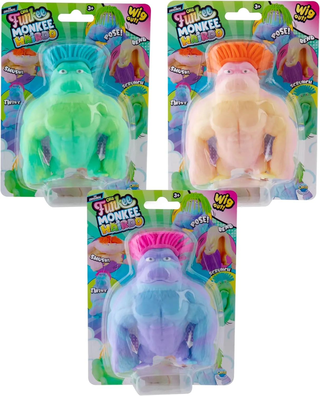 ORB MEGA Short Hairdo Funkee Monkee 3 Pack - Funny, Stretchy, Squishy Monkeys with Short Hair - Perfect to Squeeze for Stress Relief - Original Sensory / Fidget Collectible Toys for Kids and Adults