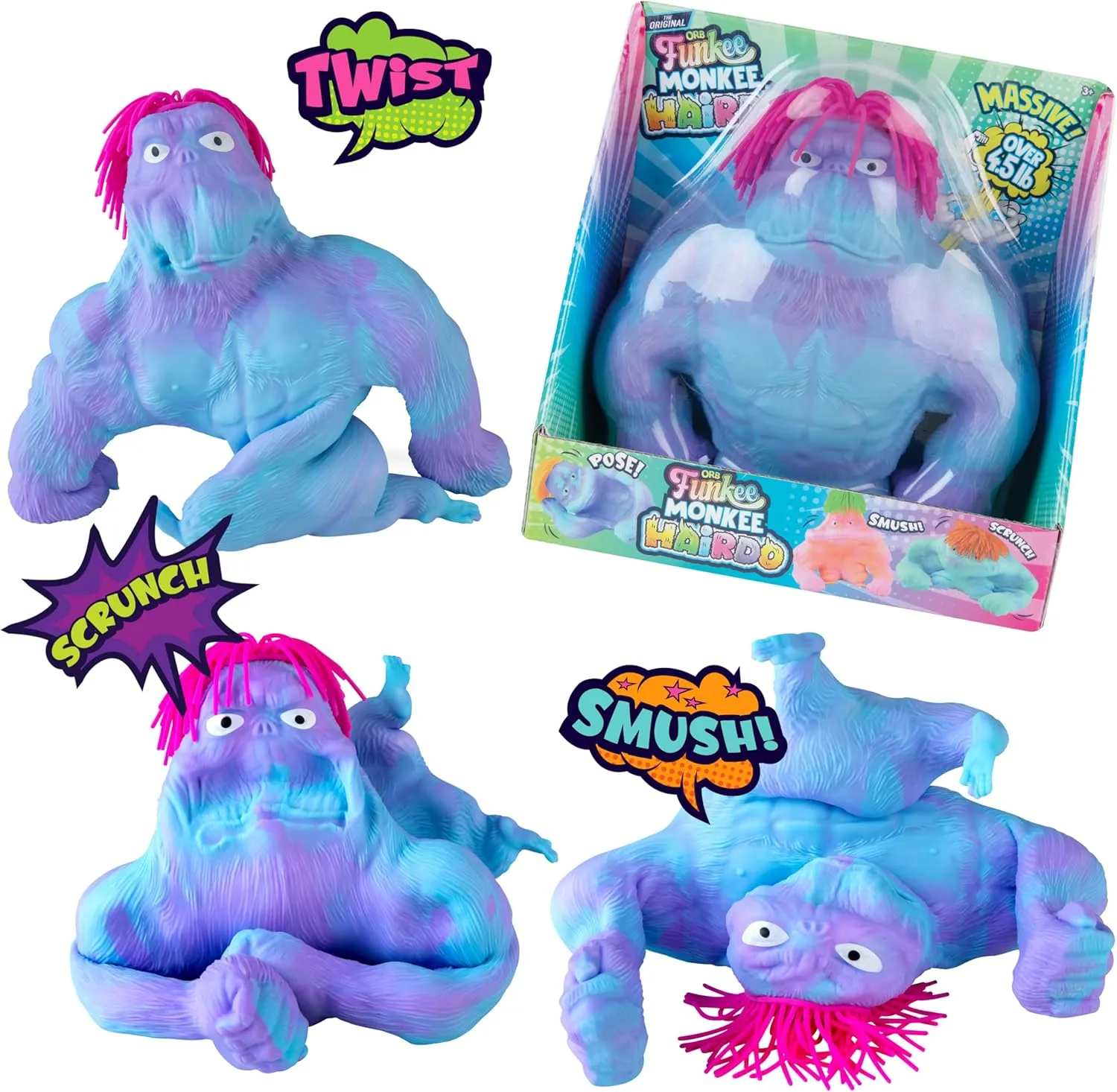 ORB Original Jumbo Hairdo Funkee Monkee (Blue/Purple) – Big 4.5 lb Stretchy Monkey with Hair - Funny, Squishy, Perfect to Squeeze for Stress Relief! Collectible Sensory Fidget Toy for Kids and Adults