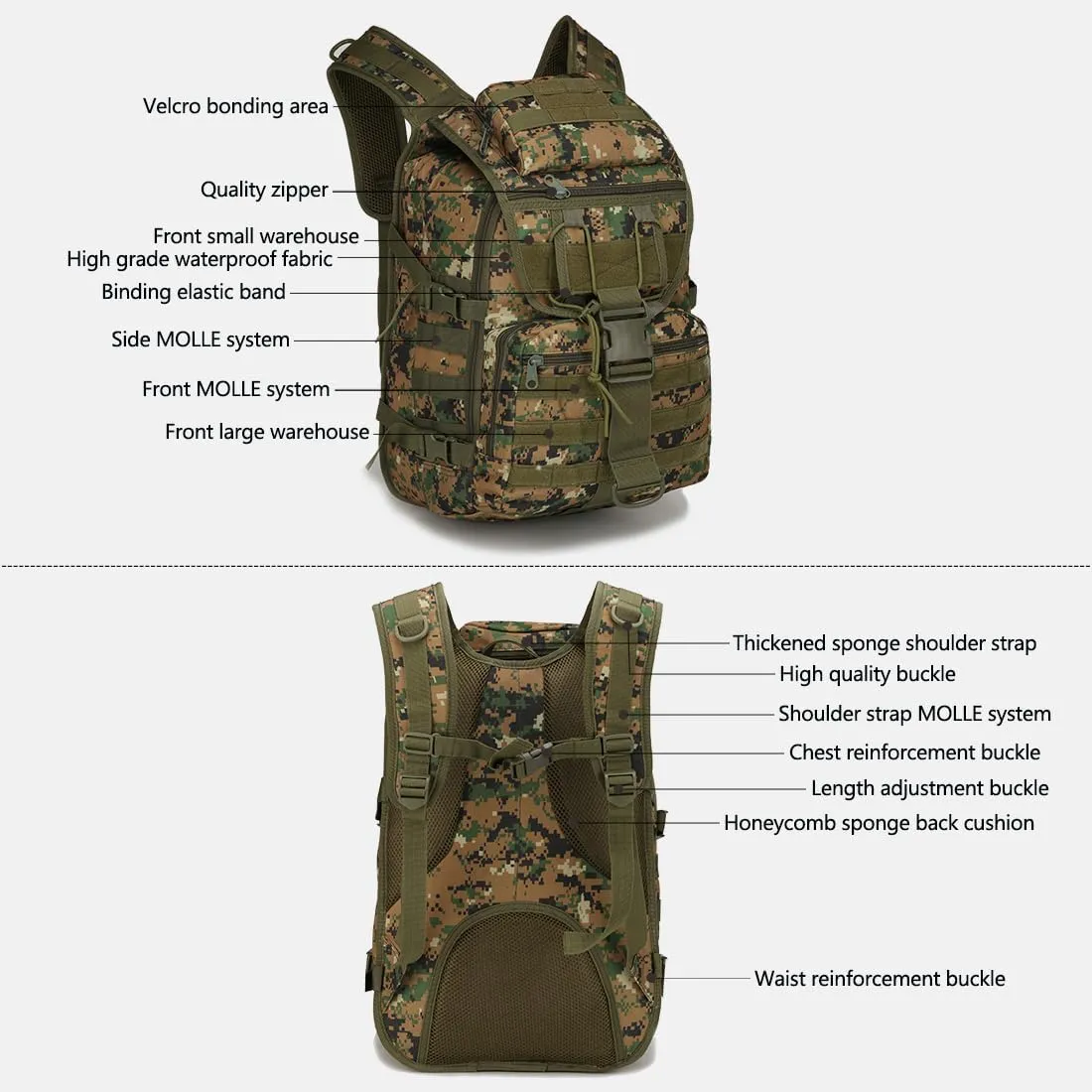 Outdoor Tactical Backpack Military Molle Bag Hiking Daypacks for Camping Trekking Hunting Traveling Motorcycle (ACU Color)