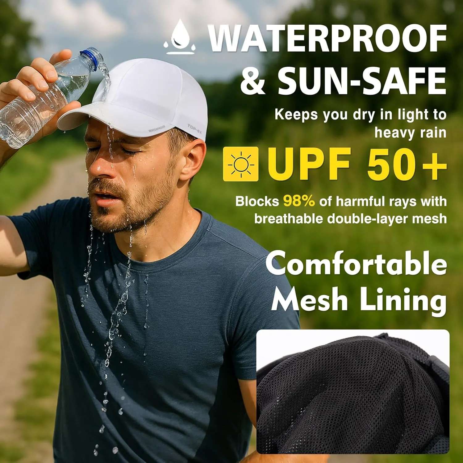 Oversized XL XXL Waterproof All Weather Performance Running Cap Recycled Unstructured Baseball Hat Urban Storm