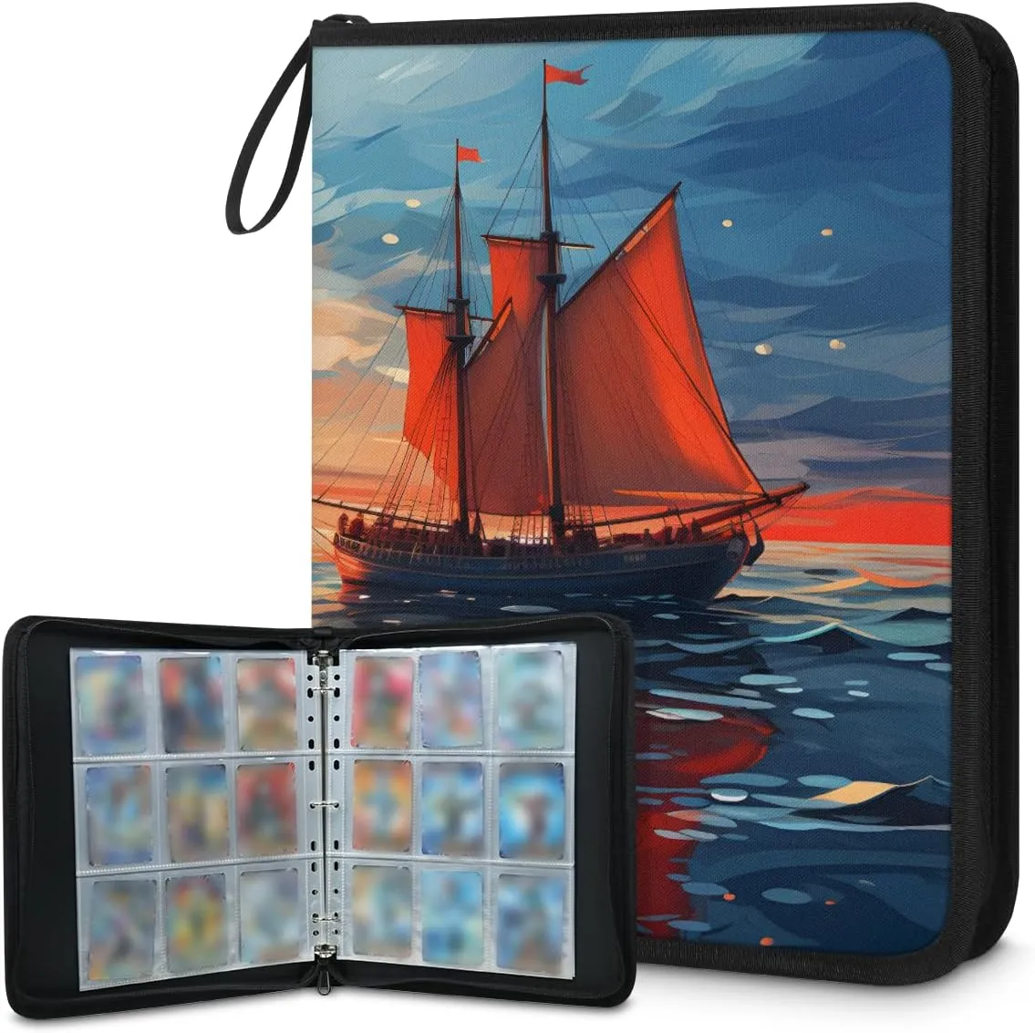 Painting Sailboat 3 Ring Trading Zipper Binder Strap, Trading Card Binder 4 Pocket, 400 Pockets Card Holder with 50 Removable Sleeves for Game Cards