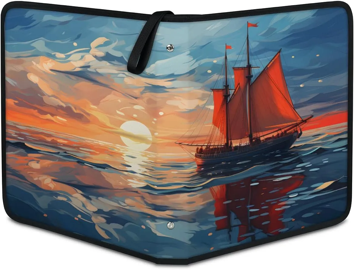 Painting Sailboat 3 Ring Trading Zipper Binder Strap, Trading Card Binder 4 Pocket, 400 Pockets Card Holder with 50 Removable Sleeves for Game Cards