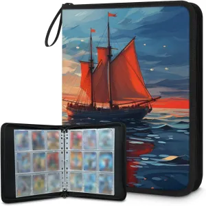 Painting Sailboat 3 Ring Trading Zipper Binder Strap, Trading Card Binder 4 Pocket, 400 Pockets Card Holder with 50 Removable Sleeves for Game Cards