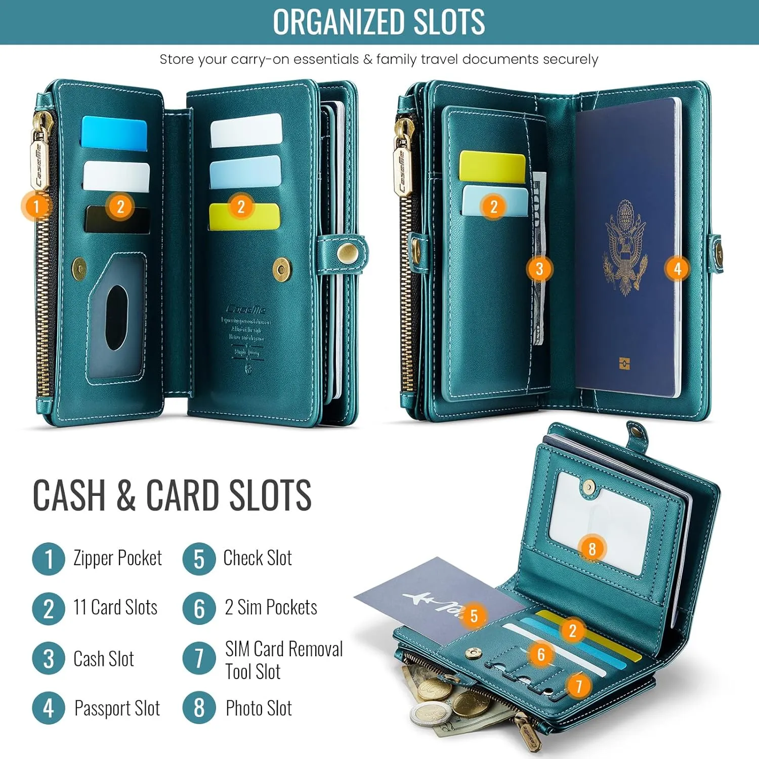 Passport Holder Wallet Bag with 11 Card Slots and Passport Solt Cash Solt Photo Solt Zipper Pocket, RFID Blocking Wristlet Strap for Travel.Green