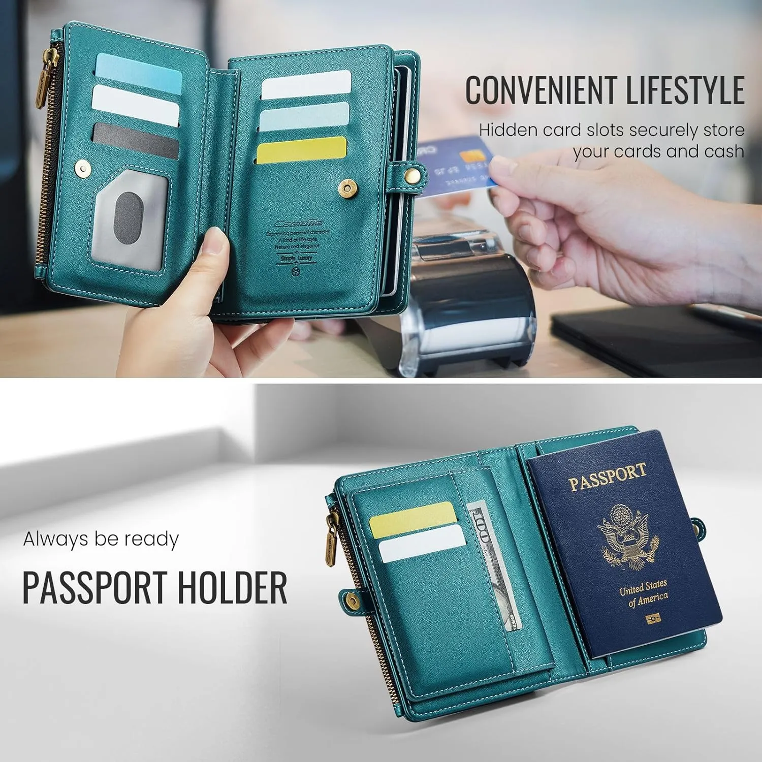 Passport Holder Wallet Bag with 11 Card Slots and Passport Solt Cash Solt Photo Solt Zipper Pocket, RFID Blocking Wristlet Strap for Travel.Green
