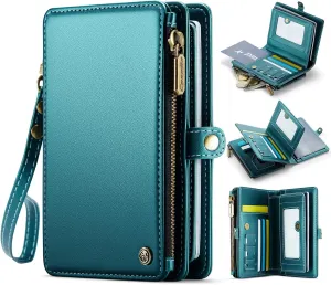 Passport Holder Wallet Bag with 11 Card Slots and Passport Solt Cash Solt Photo Solt Zipper Pocket, RFID Blocking Wristlet Strap for Travel.Green