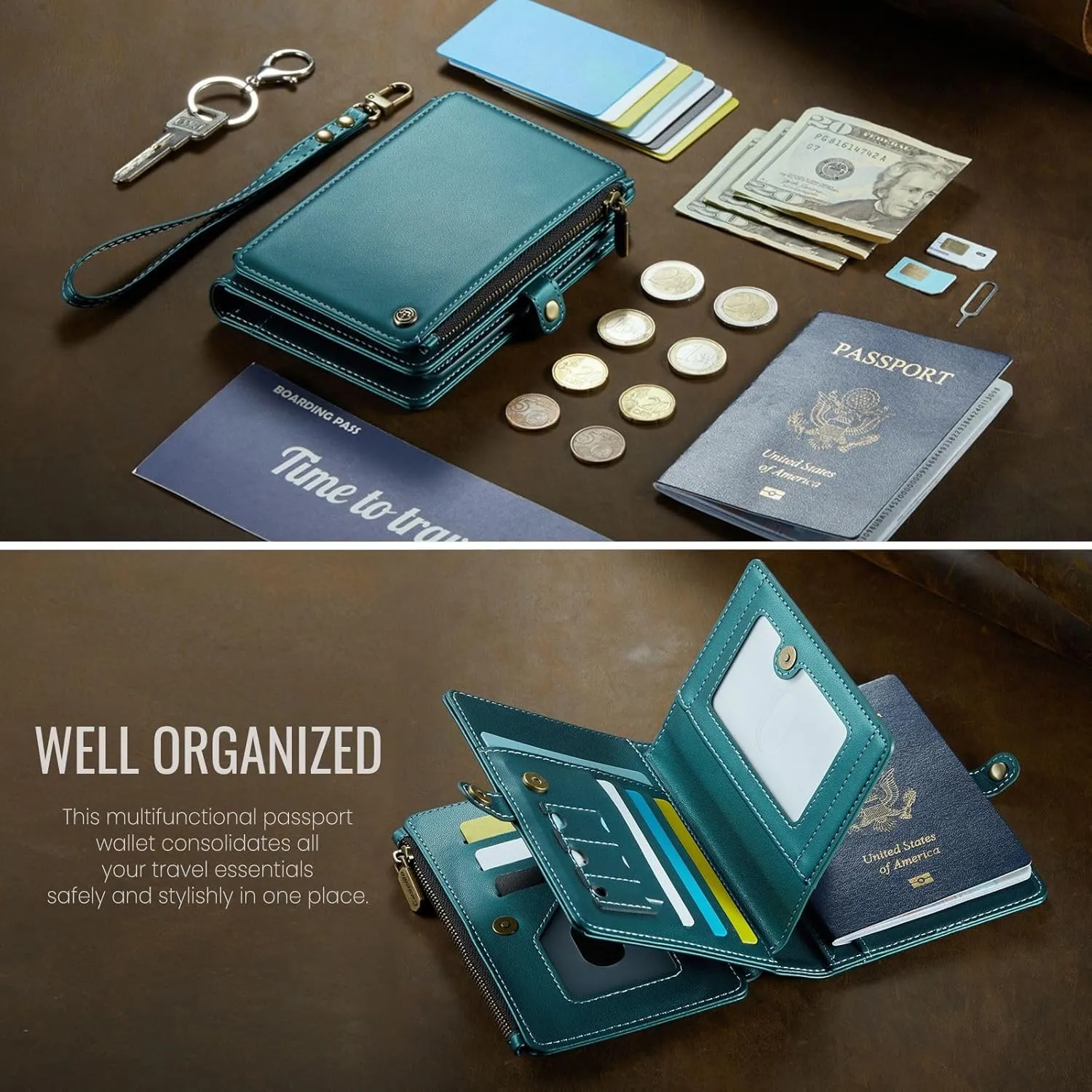 Passport Holder Wallet Bag with 11 Card Slots and Passport Solt Cash Solt Photo Solt Zipper Pocket, RFID Blocking Wristlet Strap for Travel.Green