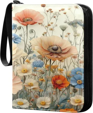 Pastel Flowers Card Binder 4 Pocket Collectible Trading Card Albums with 50 Sleeves Double Side PU Waterproof 3 Ring for Sports & Game Cards