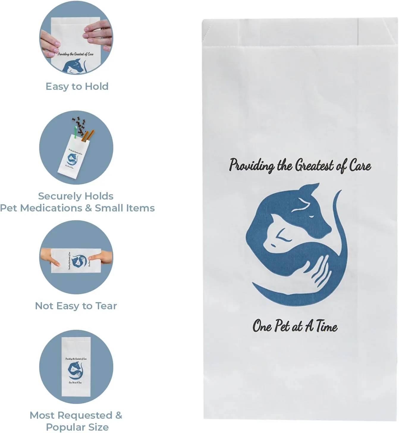 Pet Themed White Paper Prescription Bag W/Stock Logo "Providing The Greatest Of Care One Pet At A Time" — Veterinary Dog & Cat Print Paper Bags — Rx Medical Pharmacy Bags, 100 Ct, Large, 5 X 2 X 10