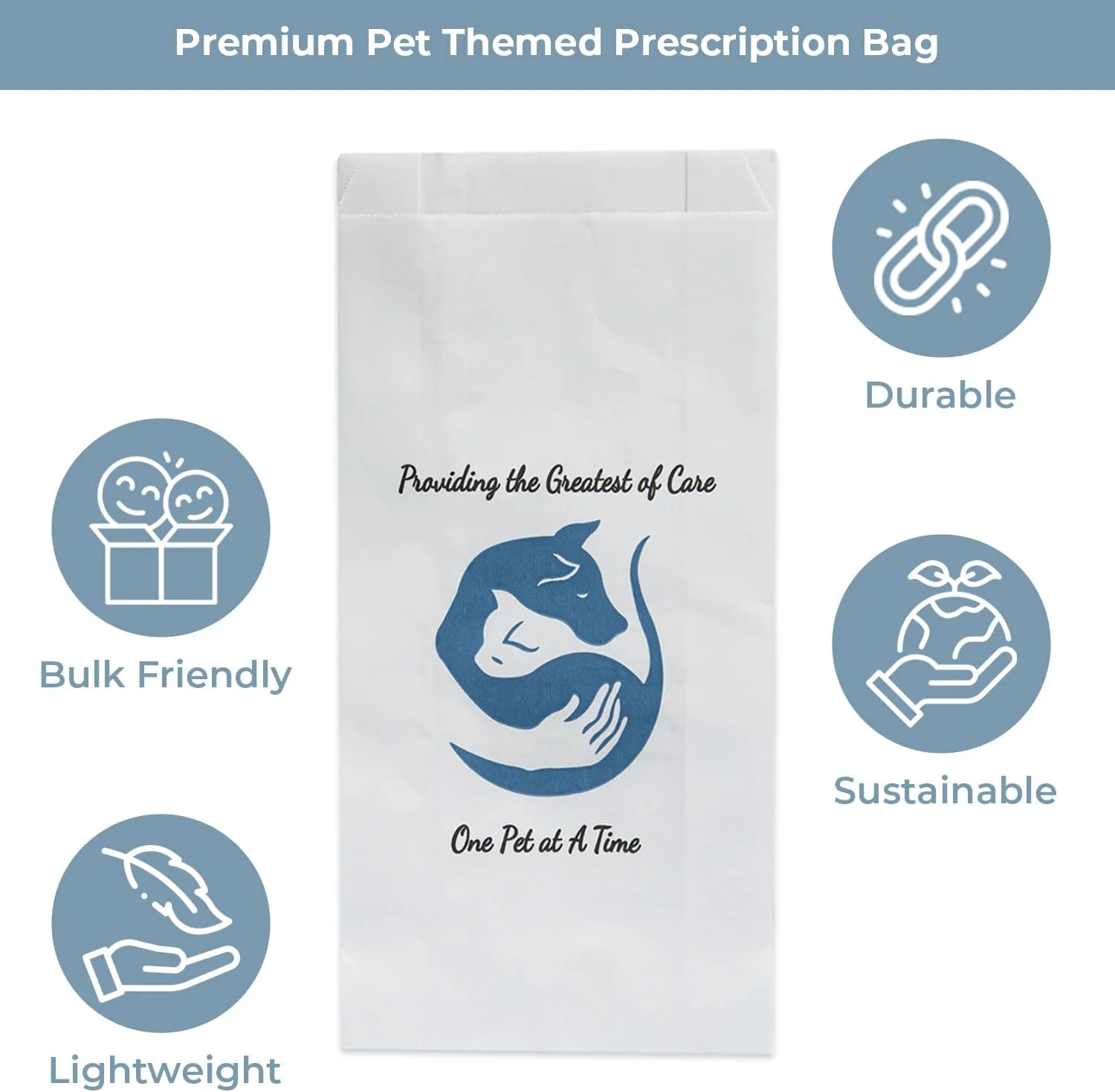 Pet Themed White Paper Prescription Bag W/Stock Logo "Providing The Greatest Of Care One Pet At A Time" — Veterinary Dog & Cat Print Paper Bags — Rx Medical Pharmacy Bags, 100 Ct, Large, 5 X 2 X 10