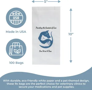Pet Themed White Paper Prescription Bag W/Stock Logo "Providing The Greatest Of Care One Pet At A Time" — Veterinary Dog & Cat Print Paper Bags — Rx Medical Pharmacy Bags, 100 Ct, Large, 5 X 2 X 10